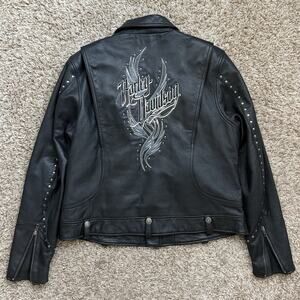 Vintage Harley Davidson Black Leather Studs Motorcycle Jacket STAR LAKE Size XL